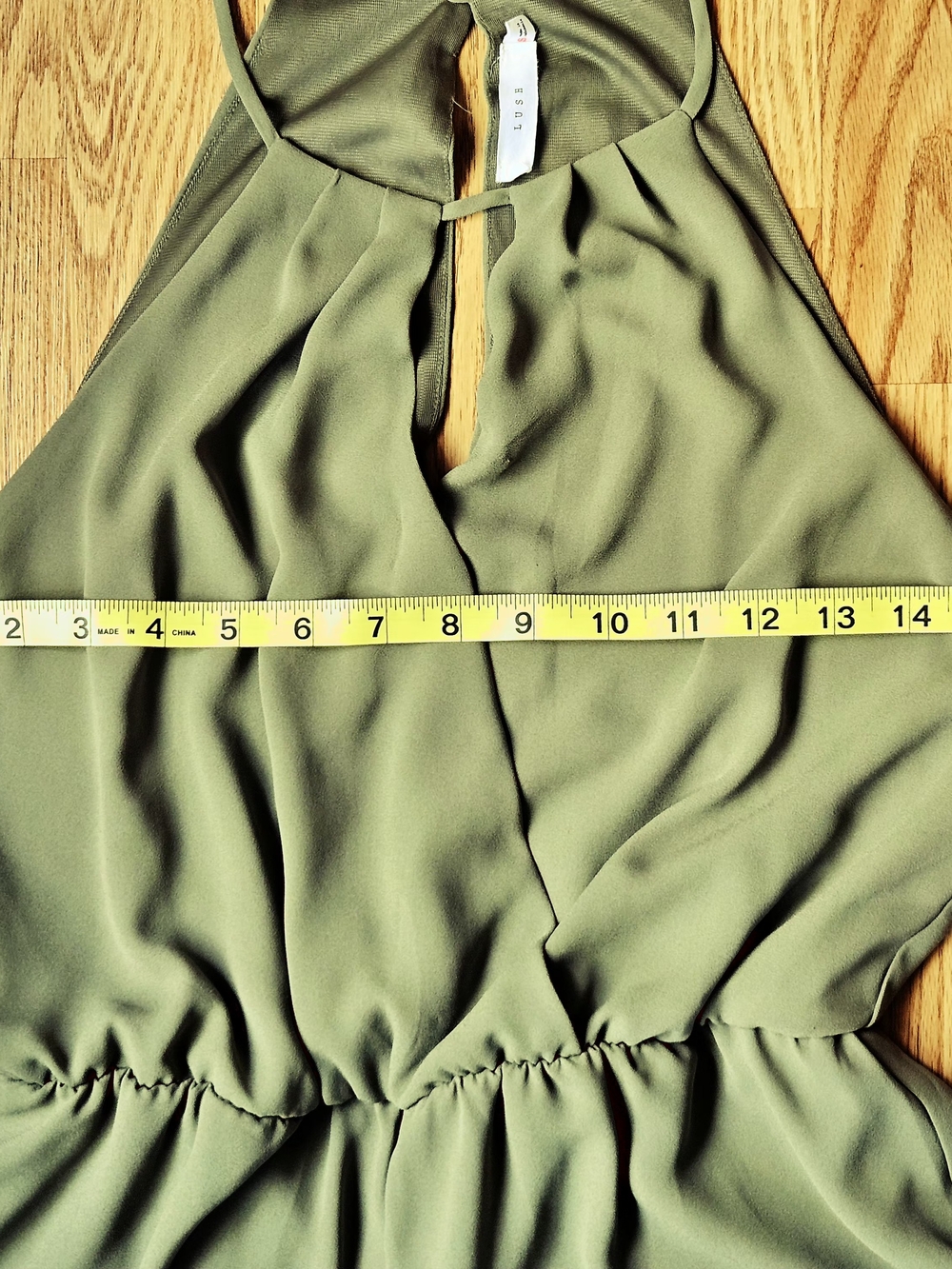 LUSH Olive Green Halter Romper Size S Mock Wrap Keyhole Pleated Jumpsuit - Picture 13 of 14